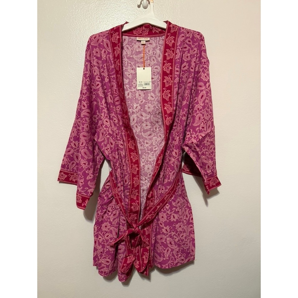 Knox Rose Boho Magenta Paisley Print Kimono Robe Pink Tie Waist Plus Size 3X-4X